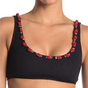 Betsey Johnson Black Ribbed Knit Rosette 2 Piece Bikini Set